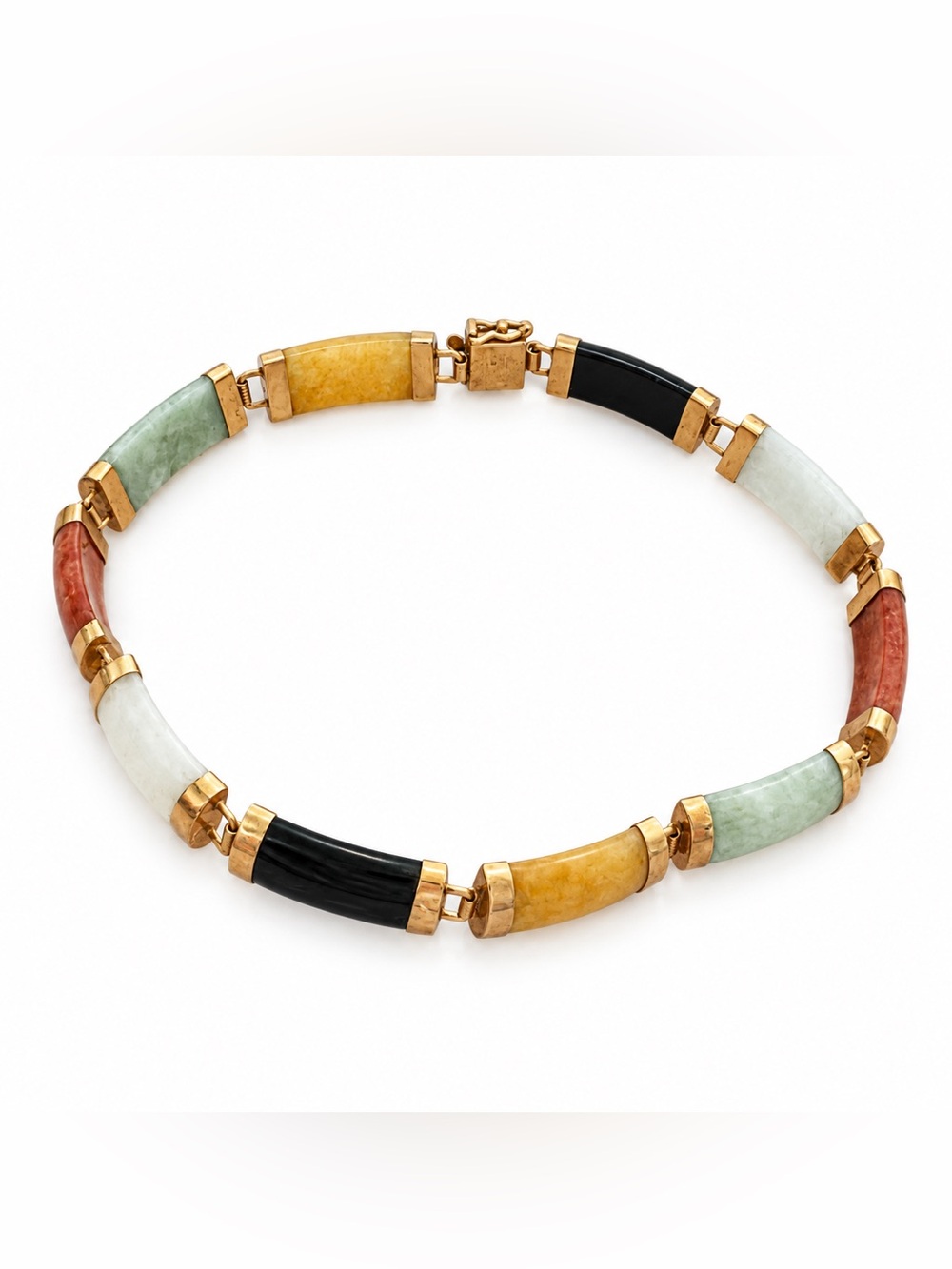 Vintage 10K Solid Yellow Gold Multi-Color Jade Curved Panel Link Bracelet 7.5”
